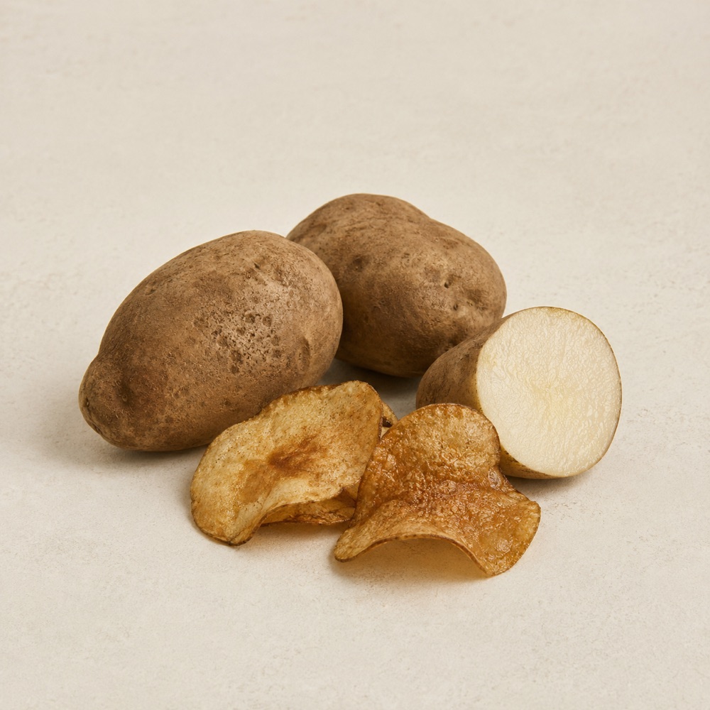 A burlap sack of potatoes with fresh slices and kettle chips on a wood table